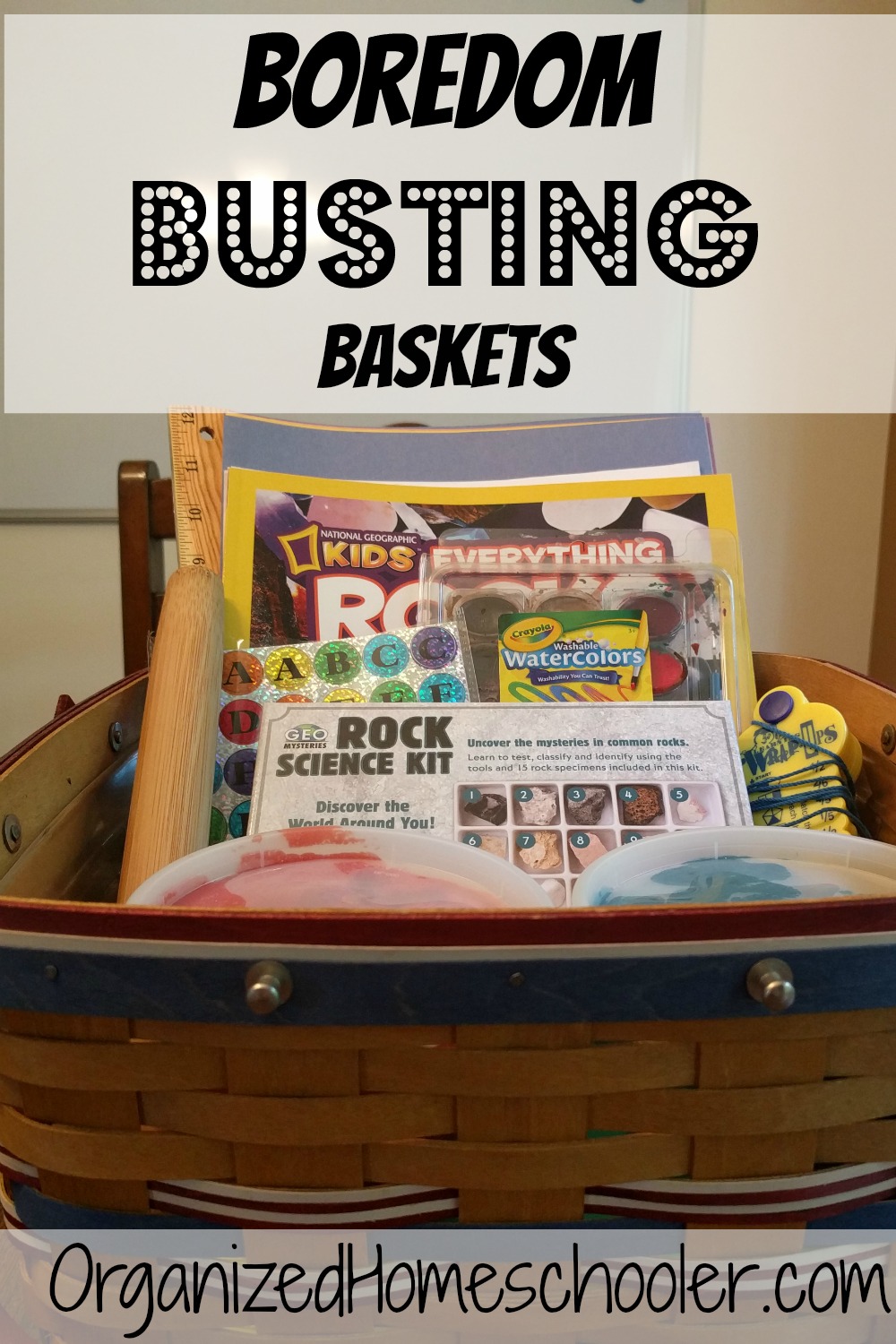 Boredom busting baskets are a great way to entertain kids all summer long! You can easily adjust it for any age or skill level. You can even tie it in to your homeschool curriculum!