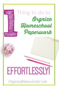 This 1 simple organizational hack will help you effortlessly organize homeschool paperwork and records. CLICK to read how to organize your homeschool papers with minimal supplies. This tip even works in a small space!
