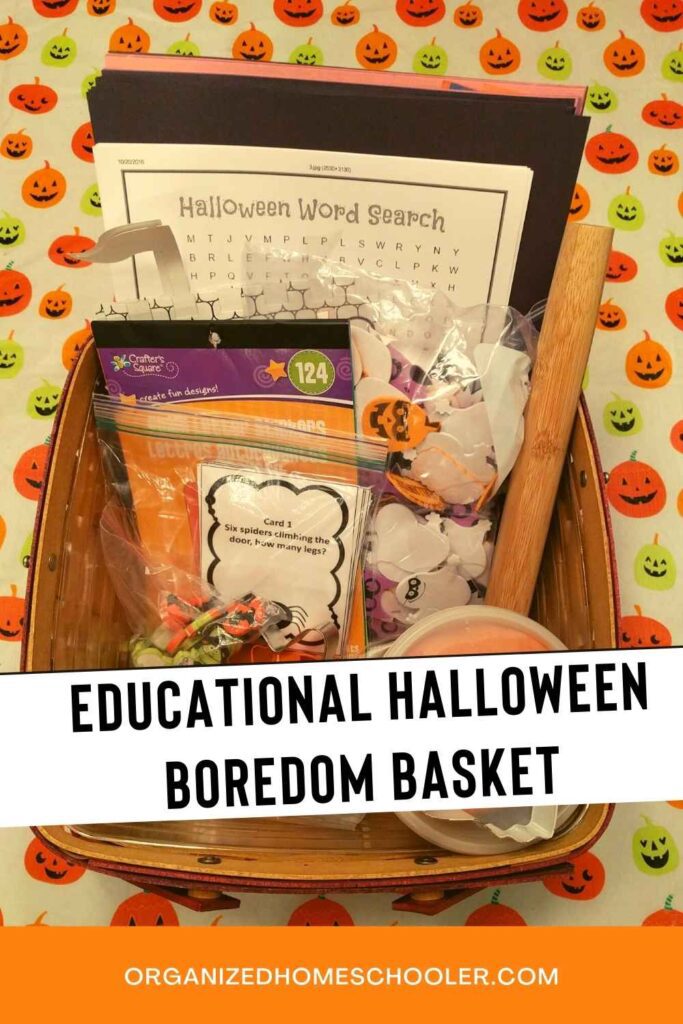 educational Halloween boredom basket written in front of a basket full of educational Halloween toys, activities, and worksheets