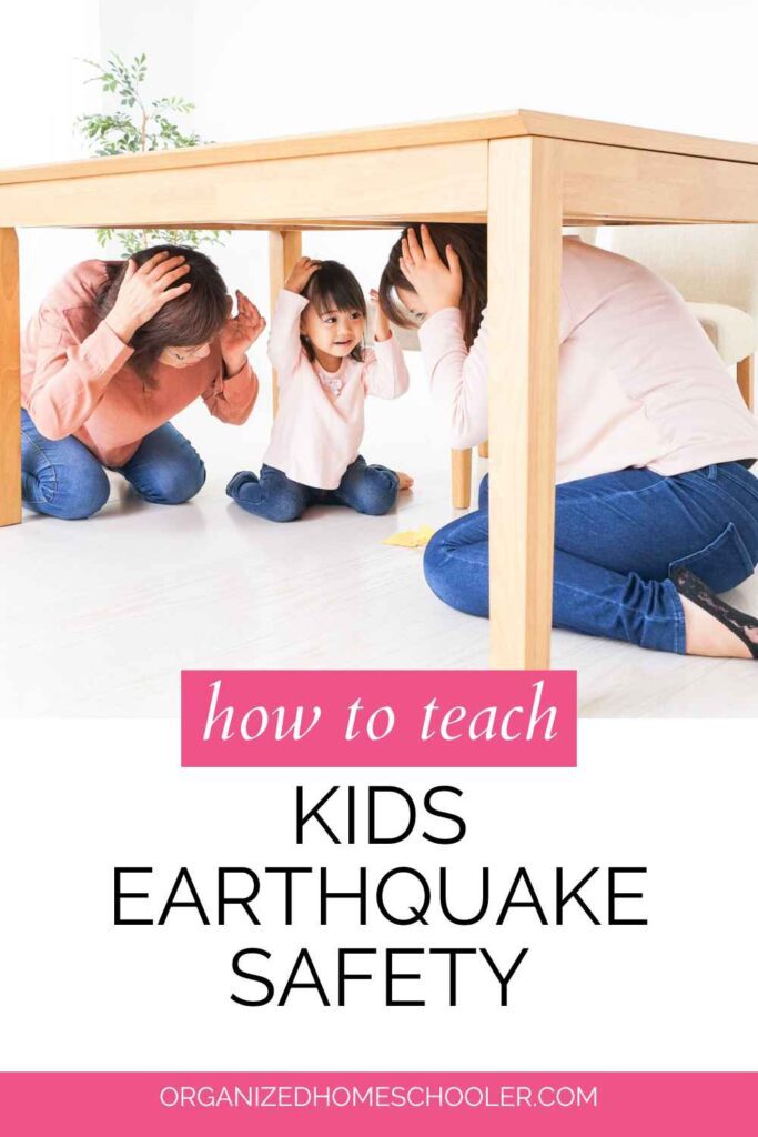 how to teach earthquake safety to kids written below a family practicing being under a table