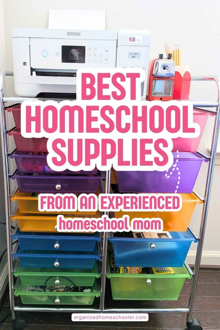 best homeschool supplies from an experienced homeschool mom written in front of a rainbow homeschool supply cart