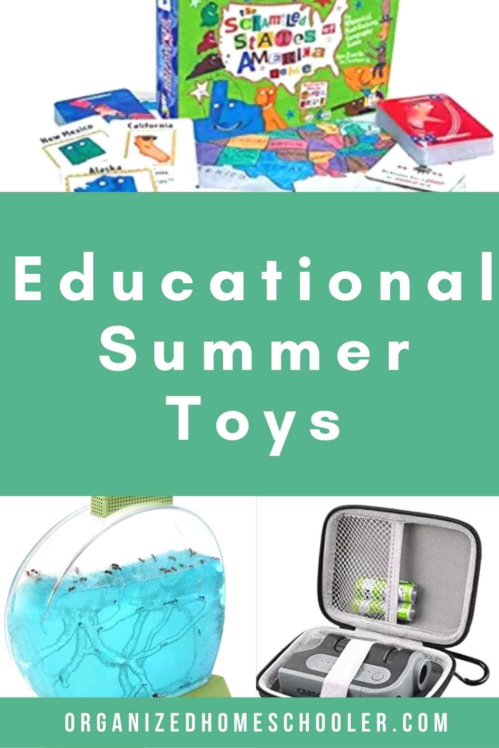 educational summer toys written in the middle of a board game, pocket microscope, and ant hill