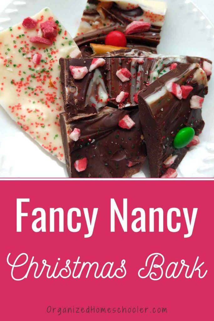 Homemade Christmas bark above Fancy Nancy Christmas bark wording