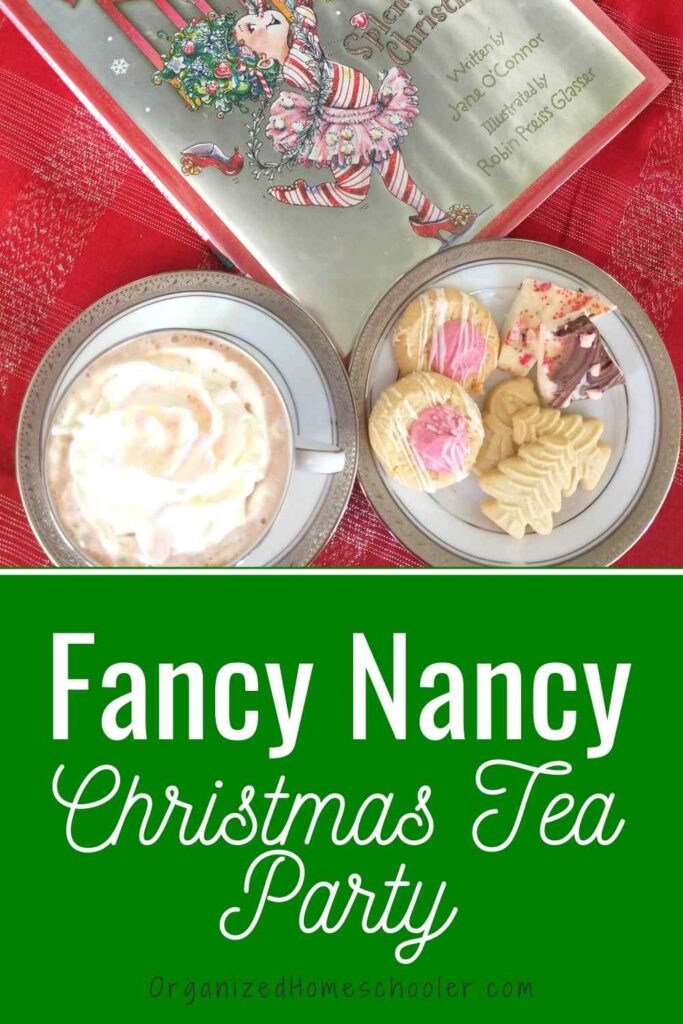 Fancy Nancy Splendiferous Christmas book above hot cocoa with pink sprinkles and a plate of cookies