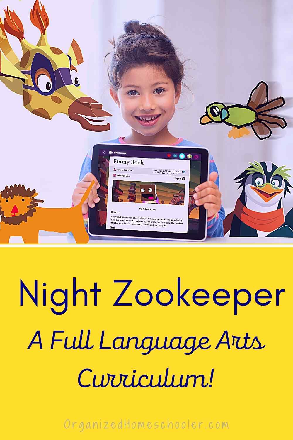 A girl showing her Night Zookeeper writing project above wording Night Zookeeper: A full language arts curriculum.