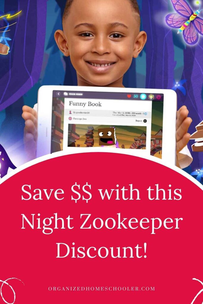 save $$ with this Night Zookeeper discount written below a child showing their writing on their tablet