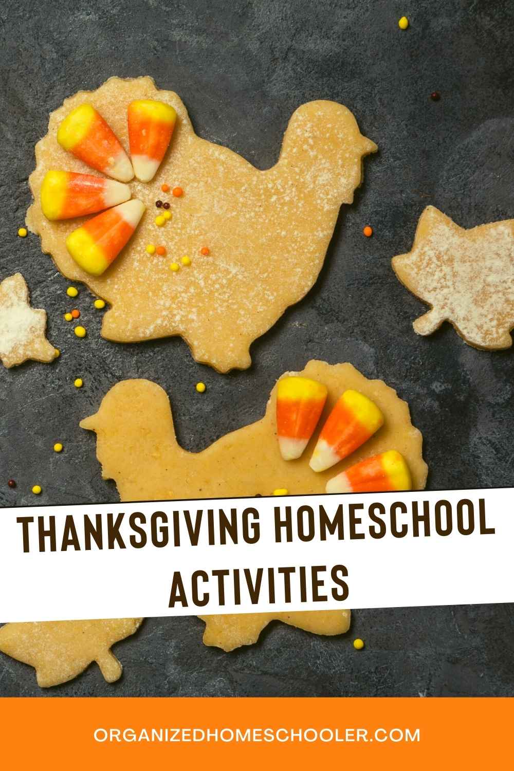 Thanksgiving Homeschool Activities written below cardboard turkeys with candy corn as the tail feathers