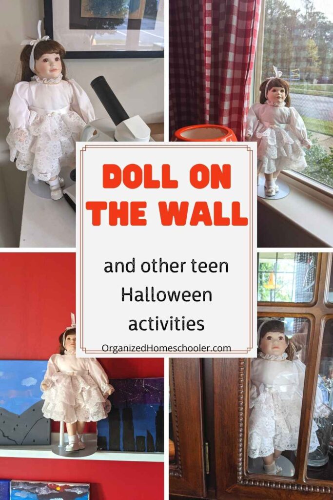 doll on the wall and other teen Halloween activities written in front of 4 dolls
