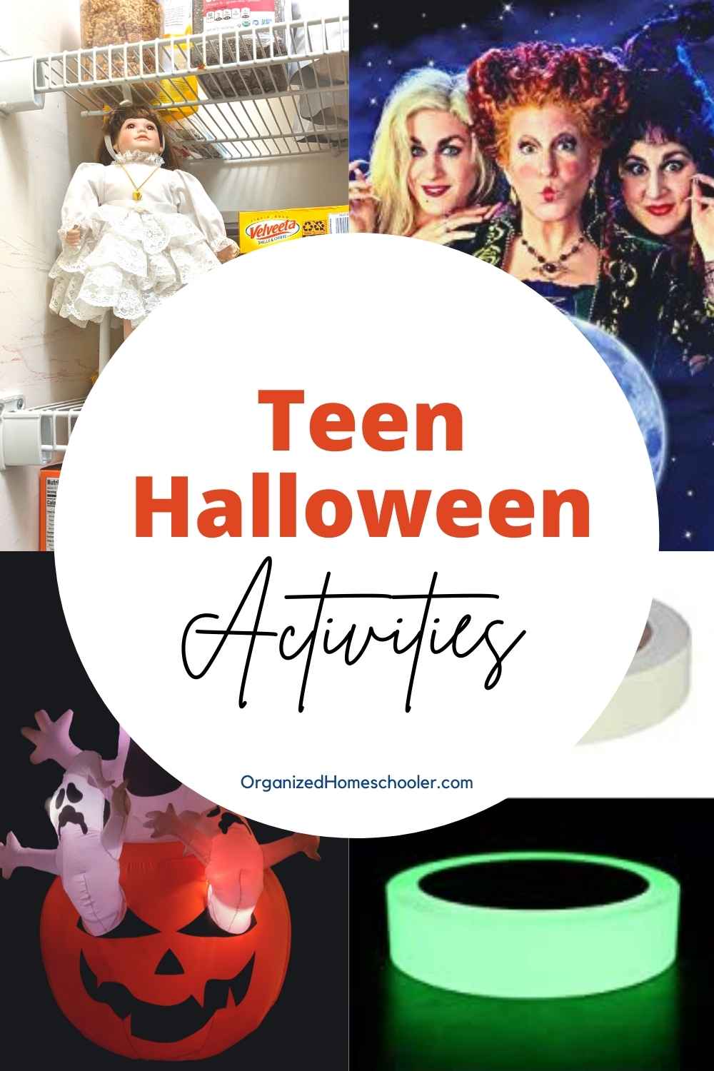 teen Halloween activities written in front of a doll, Hocus Pocus movie, Halloween inflatible, and glow in the dark tape