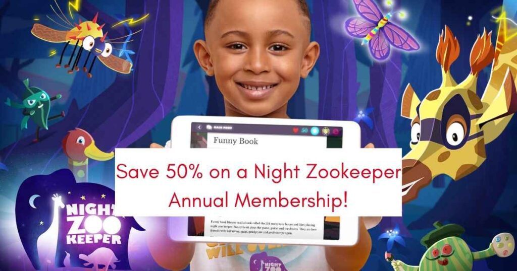 save 50% on a Night Zookeeper annual membership written in front of a boy showing his writing project on a tablet