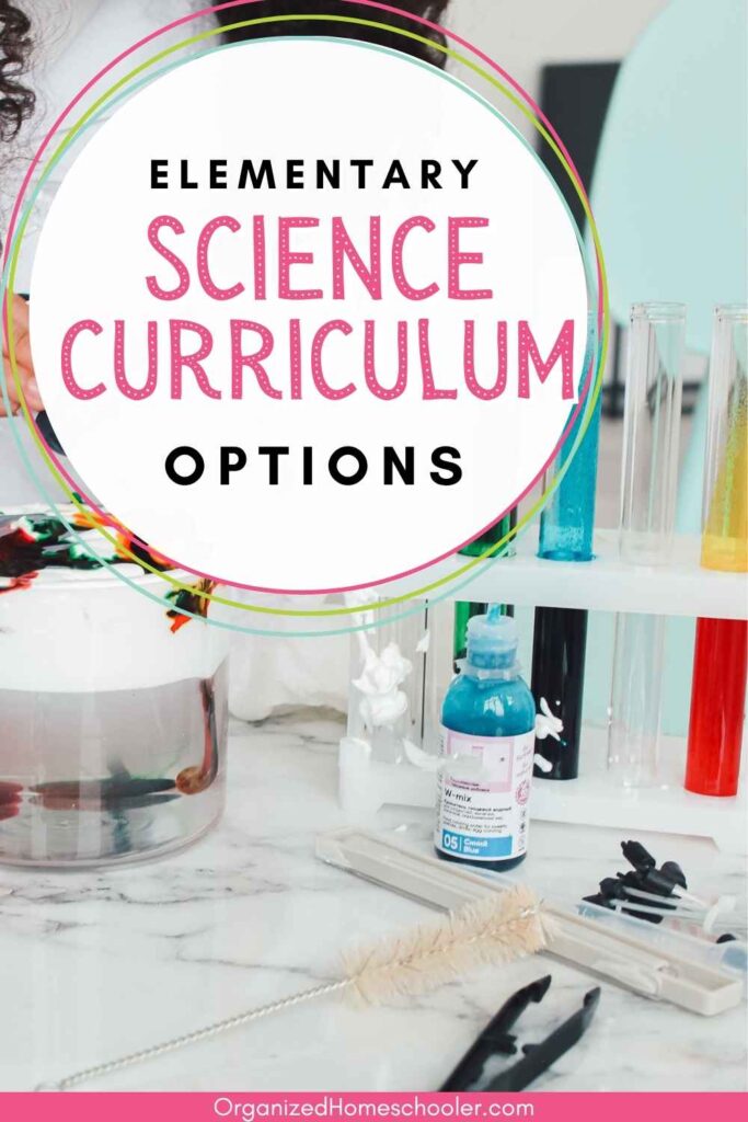 elementary science curriculum options written above a science kit