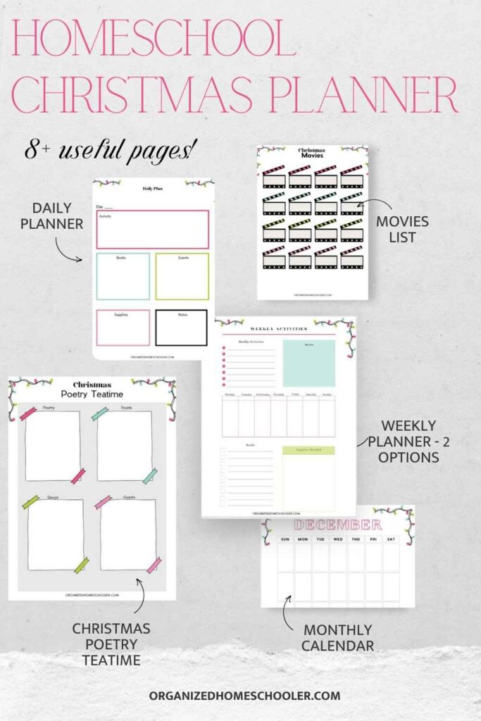 homeschool Christmas planner 8+ useful pages written next to samples of the pages