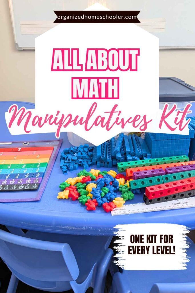 All About Math manipulatives kit written above the math tools laid out on the table
