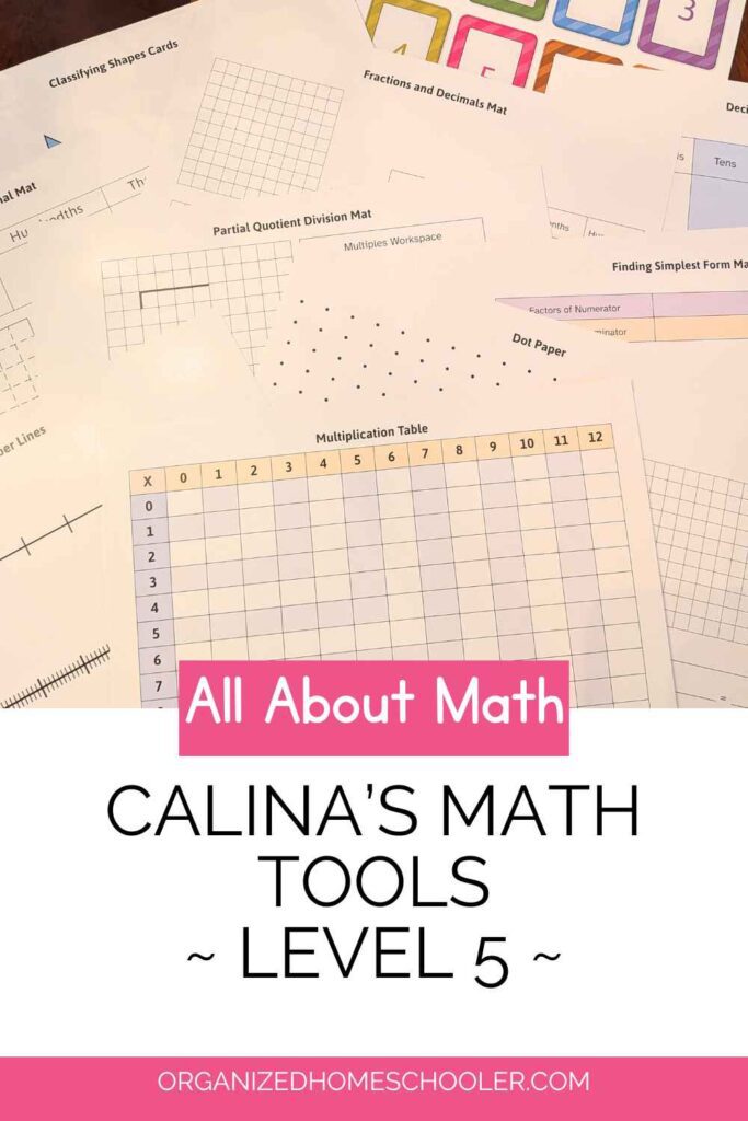 All About Math Calina's Math Tools level 5 written below the charts, cards, and math mats