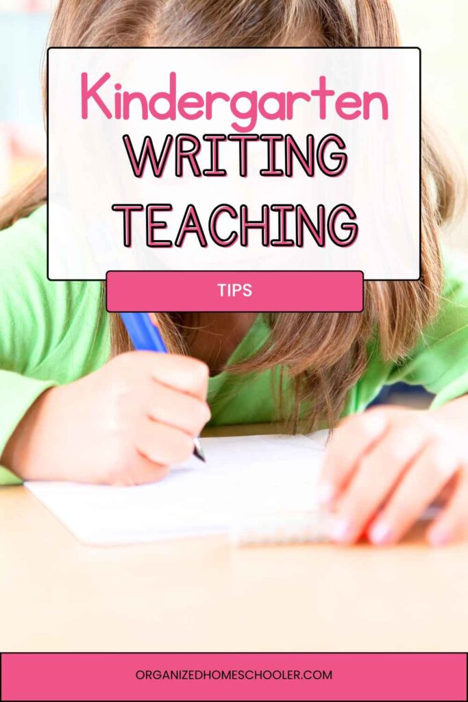 kindergarten writing teaching tips written above a child writing