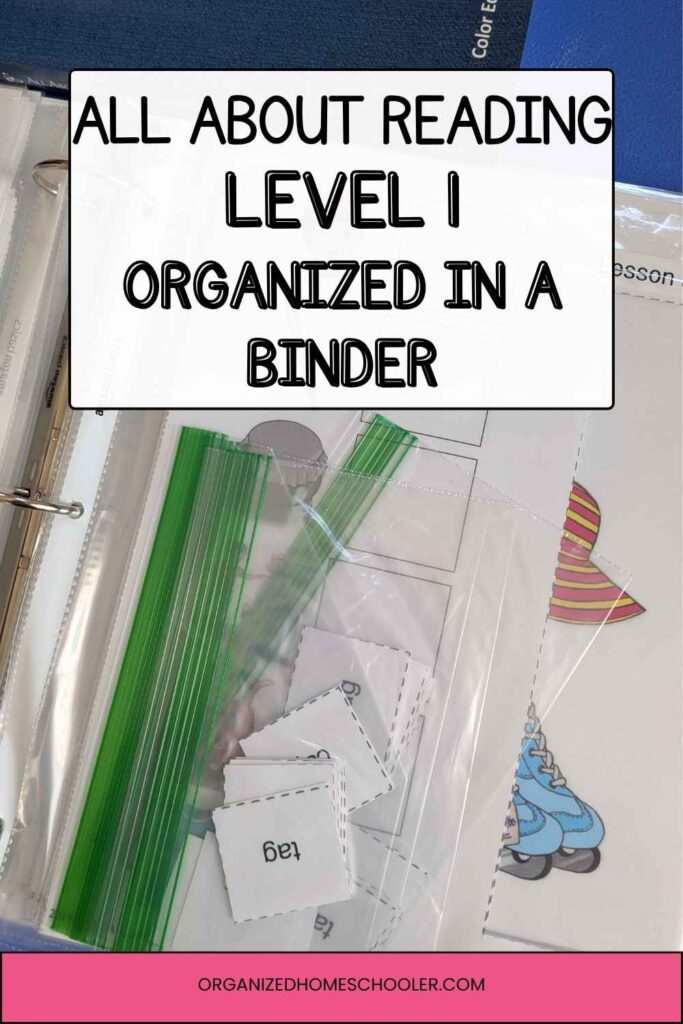 All About Reading Level 1 Organized in a Binder written above the student workbook pages laminated and organized in paper protectors in a binder
