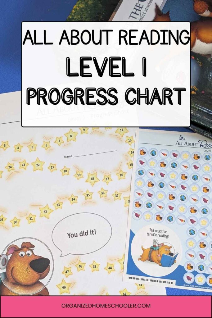 All About Reading Level 1 Progress Chart written above the progress chart and stickers