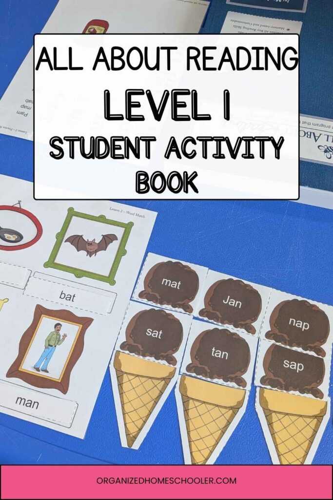 All About Reading Level 1 student activity book written above a few of the hands-on activities