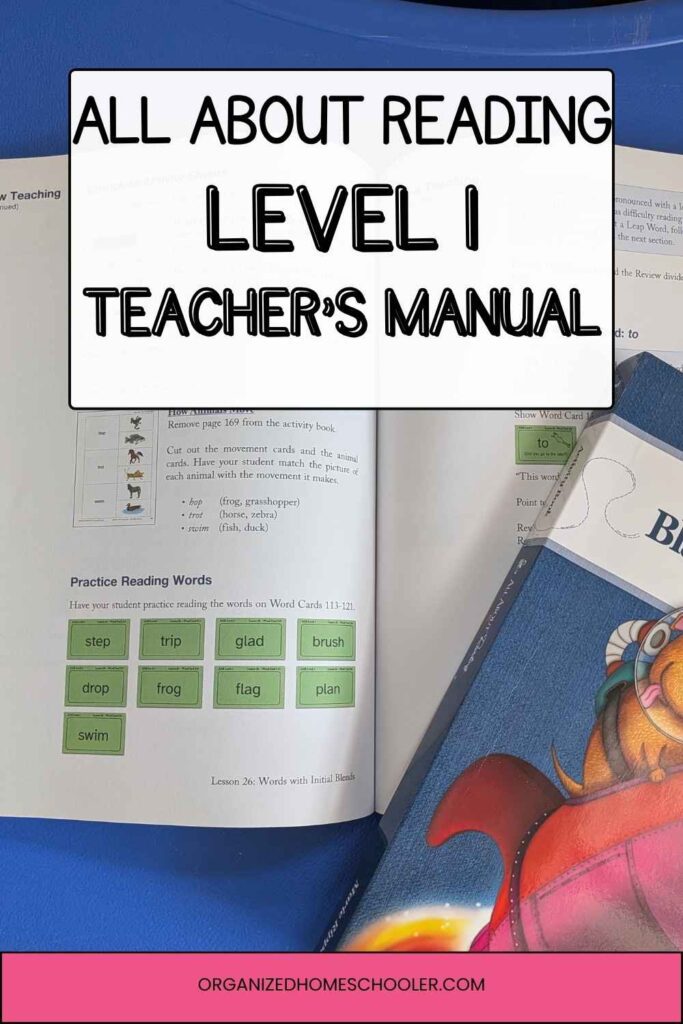 All About Reading Level 1 Teacher's Manual written above the open manual