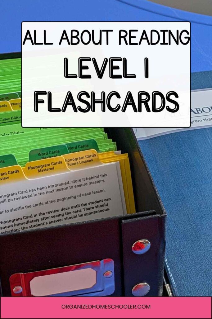 All About Reading Level 1 Flashcards written above the phonogram and word cards in a file box