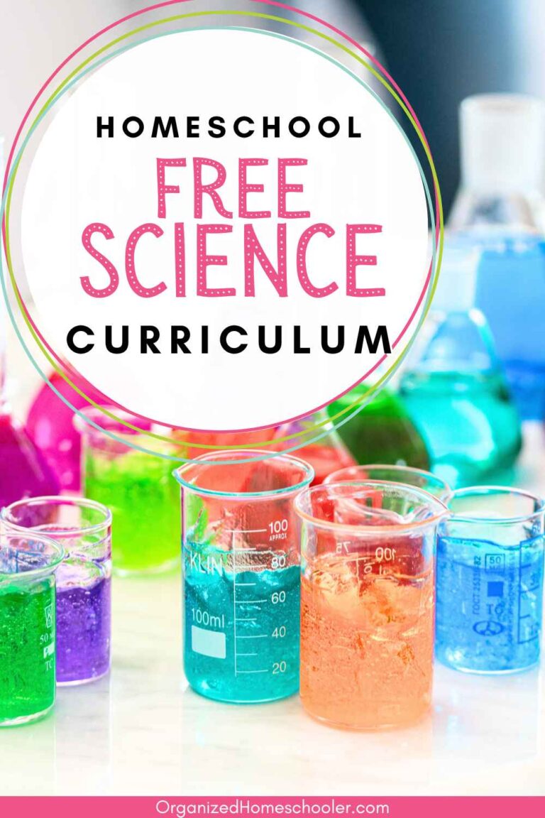homeschool free science curriculum written above beakers of brightly colored liquid