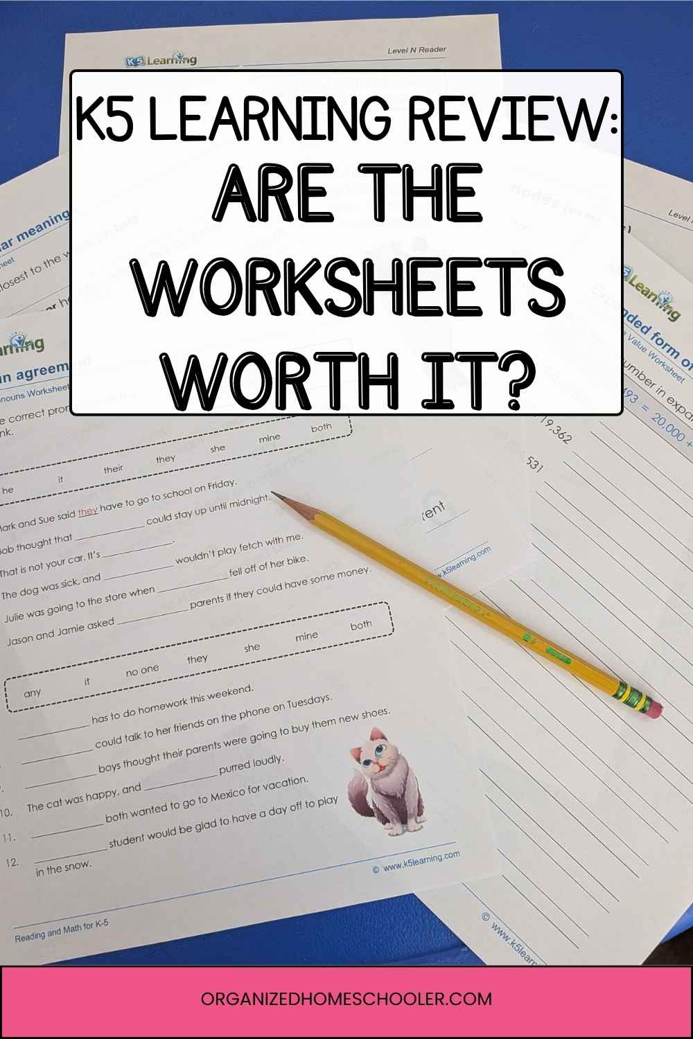K5 Learning Review: Are the Worksheets Worth It? Written above a collection of K5 worksheets and a pencil