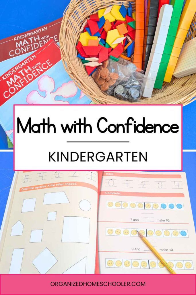 Math with Confidence kindergarten written in between the instructors guide and student workbook with math kit basket and open student workbook