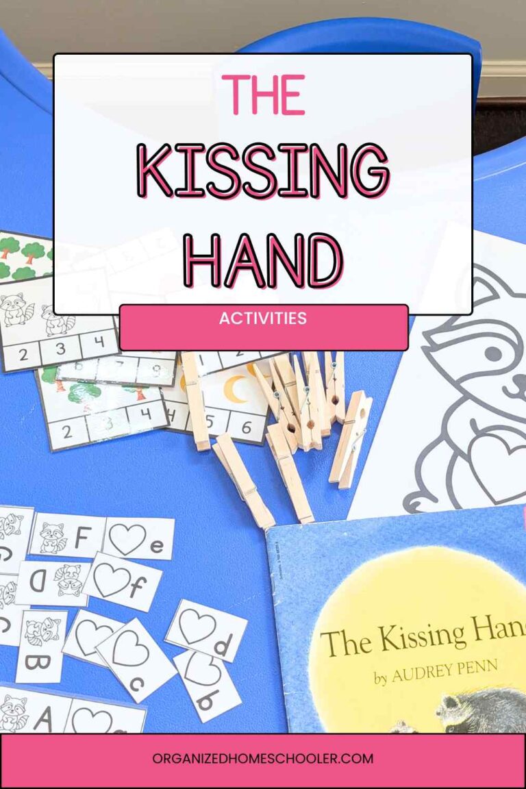 the kissing hand activities written above the book, an uppercase and lowercase letter matching game, a coloring page, and math clip cards