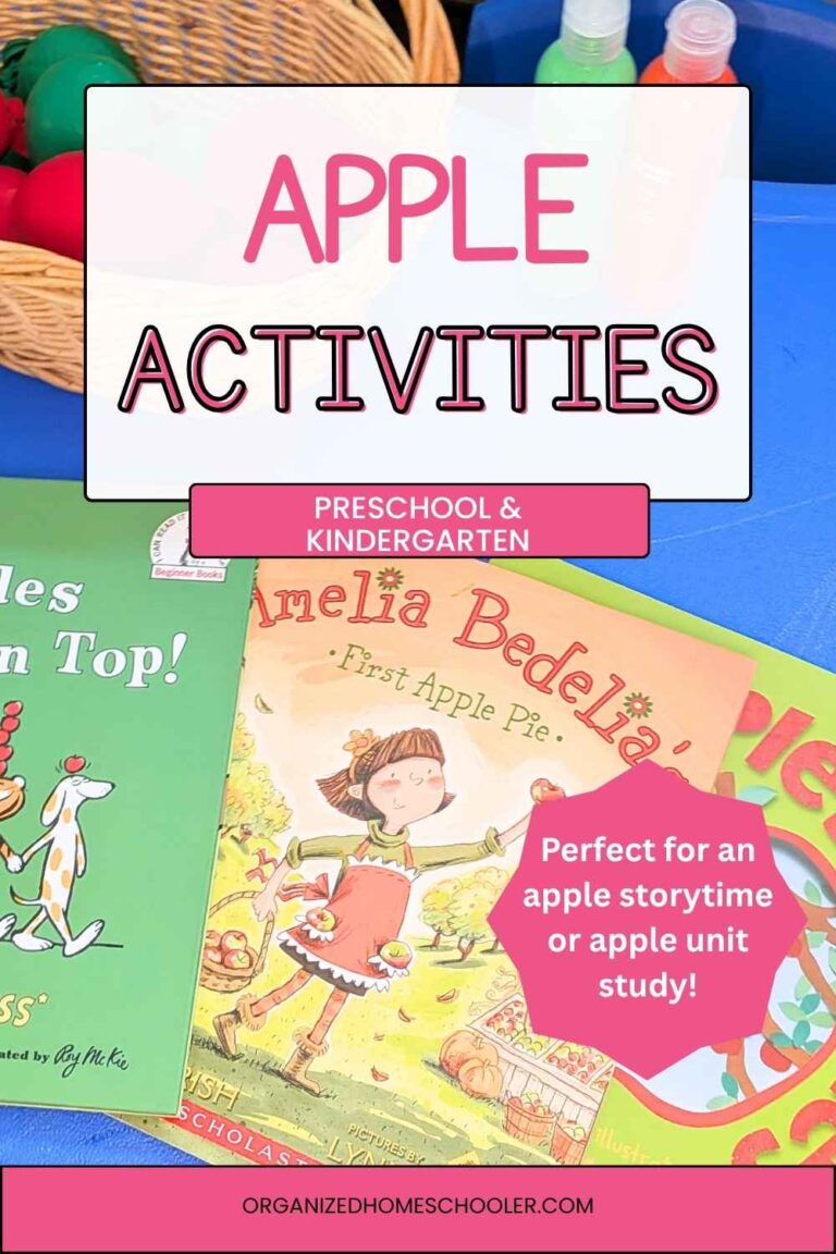 apple activites preschool and kindergarten, perfect for apple storytime or apple unit study written above three apple books and craft supplies